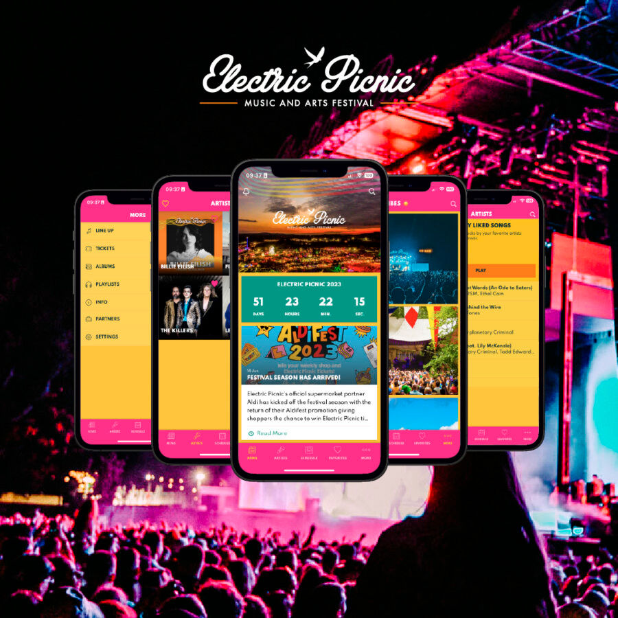 Picture of the Electric Picnic app with various screens