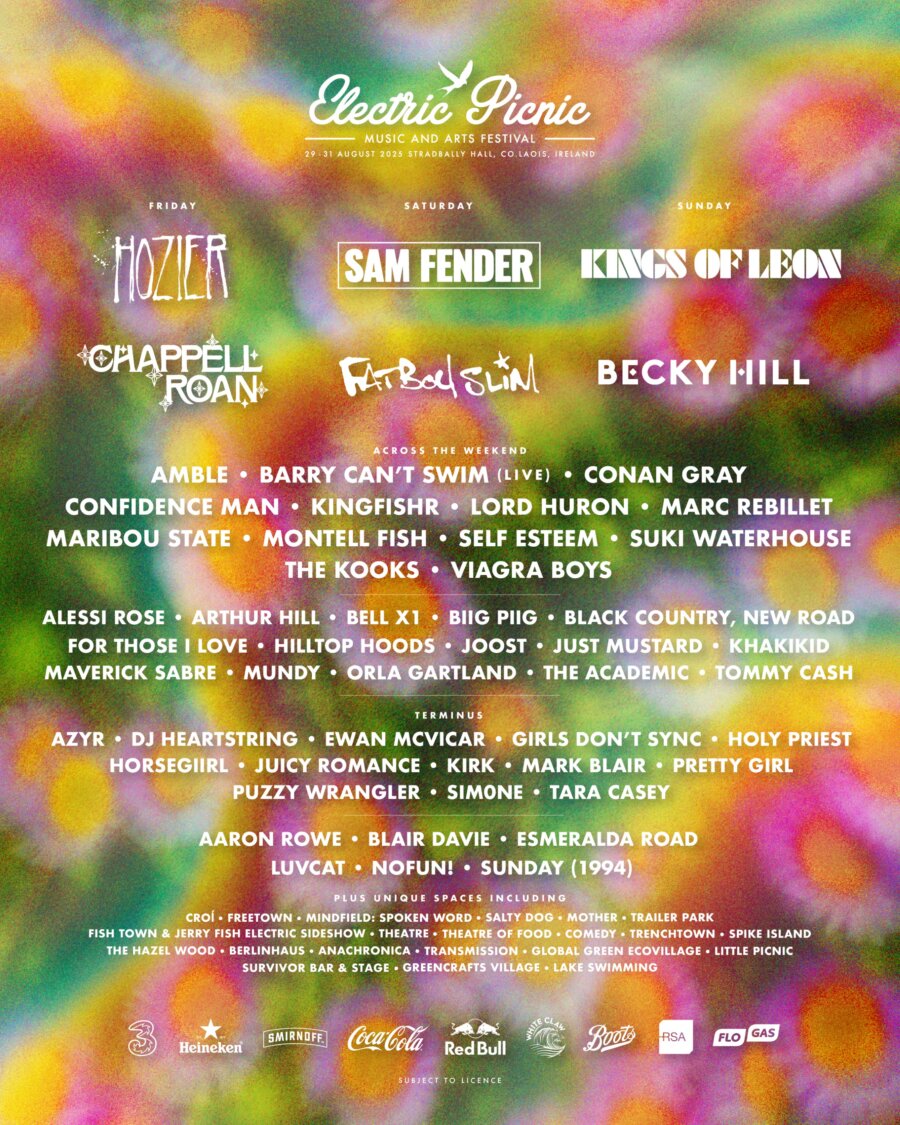 An image of the Electric Picnic 2025 line up poster. A background of coloured flowers with the names of each artist performing at this year's festival.