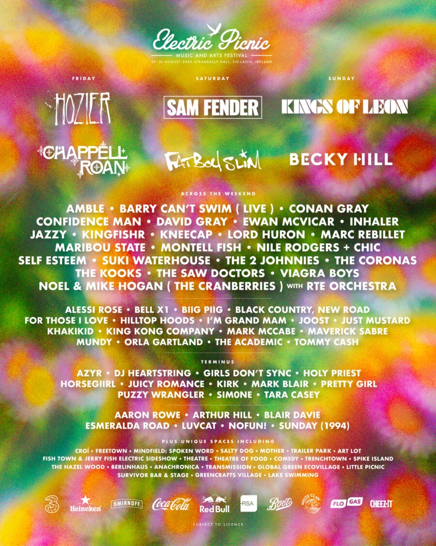 An image of the Electric Picnic 2025 line up poster. A background of coloured flowers with the names of each artist performing at this year's festival.