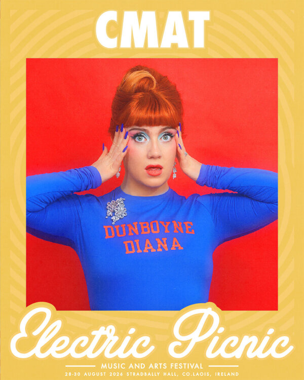 CMAT in a blue top with hands on head - Electric Picnic Logo