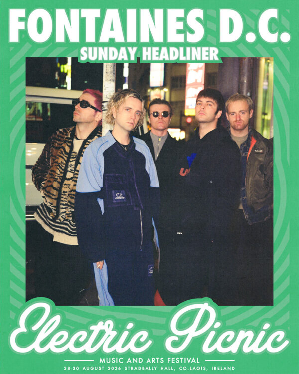 Fontaines D.C Sunday Headliner Group photo with city background - Electric Picnic Logo