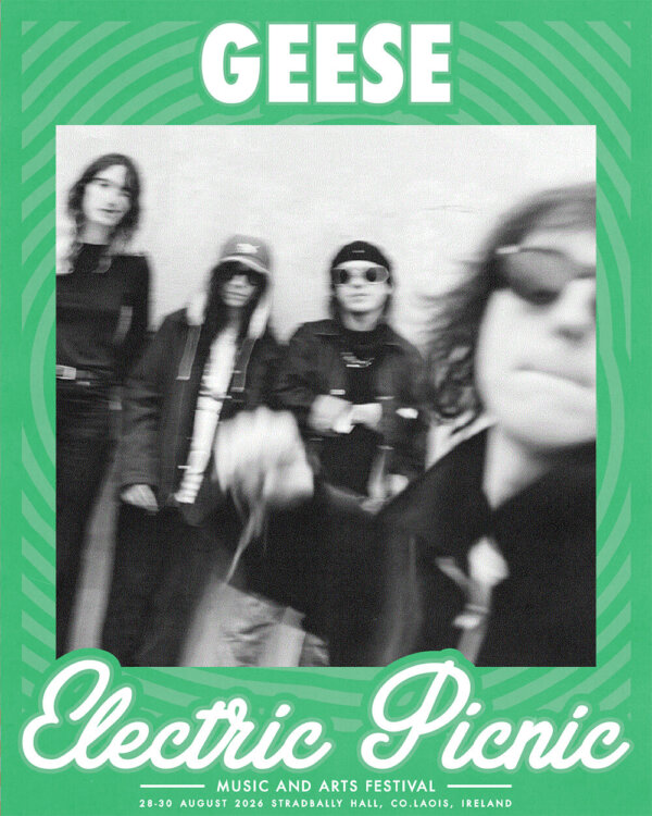 Geese - Blurry back and white image of the band - Electric Picnic Logo