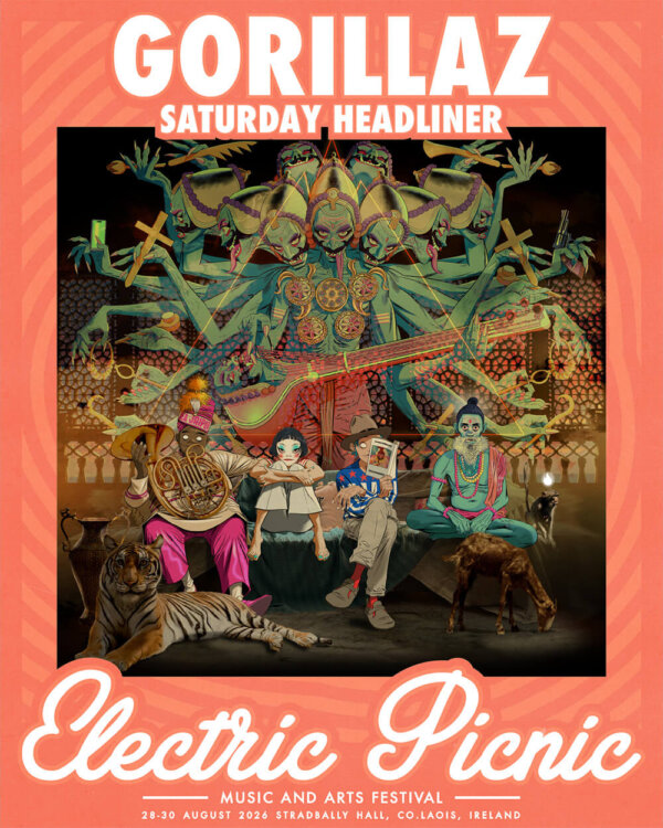Gorillaz - Saturday Headliner - illustrated image of the band by Jamie Hewlitt - Electric Picnic Logo