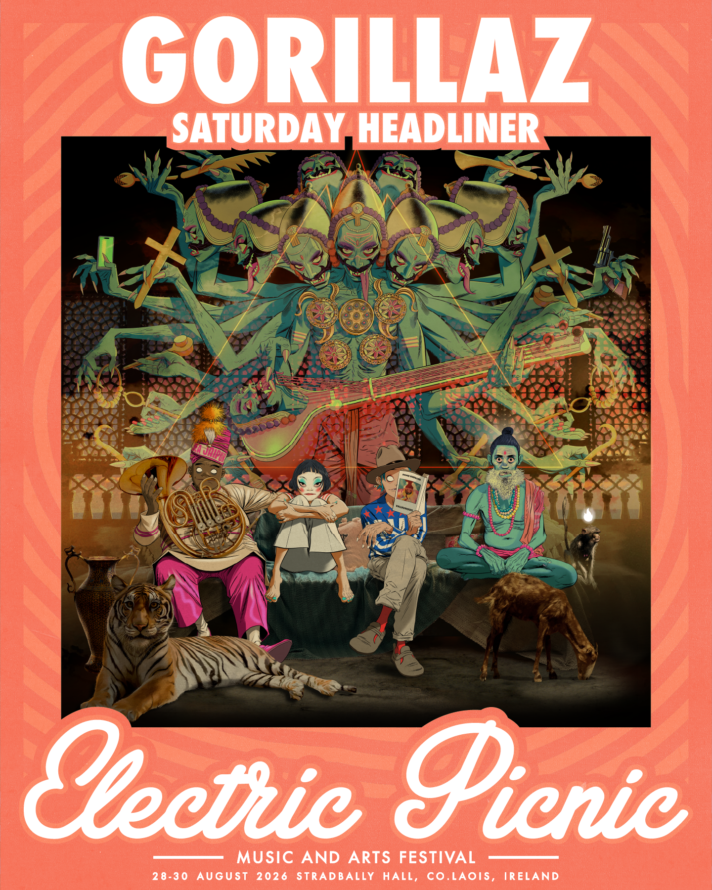 Gorillaz - Saturday Headliner - illustrated image of the band - Electric Picnic Logo