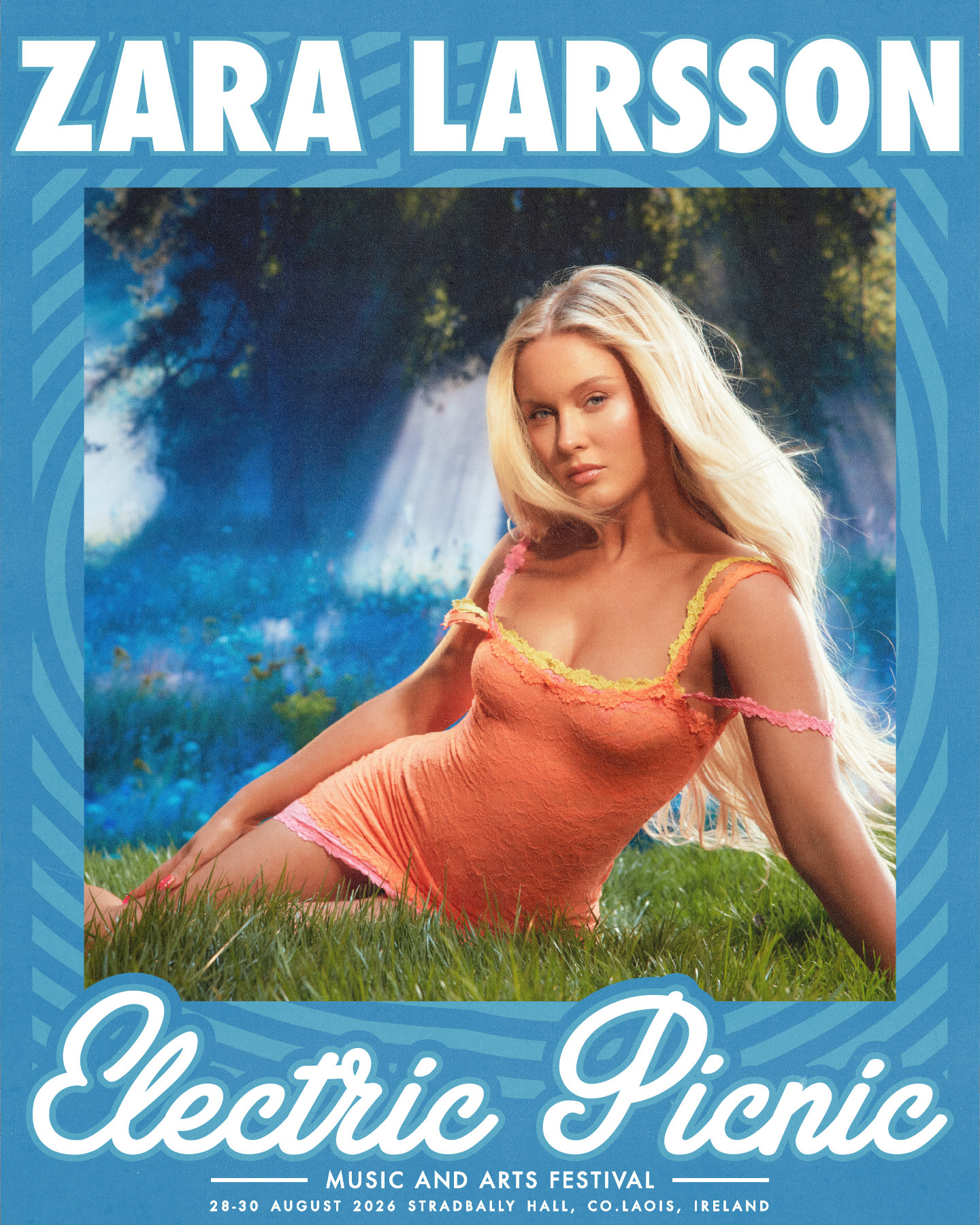 Zara Larsson - image of the artist Zara Larson sitting in a field - Electric Picnic Logo