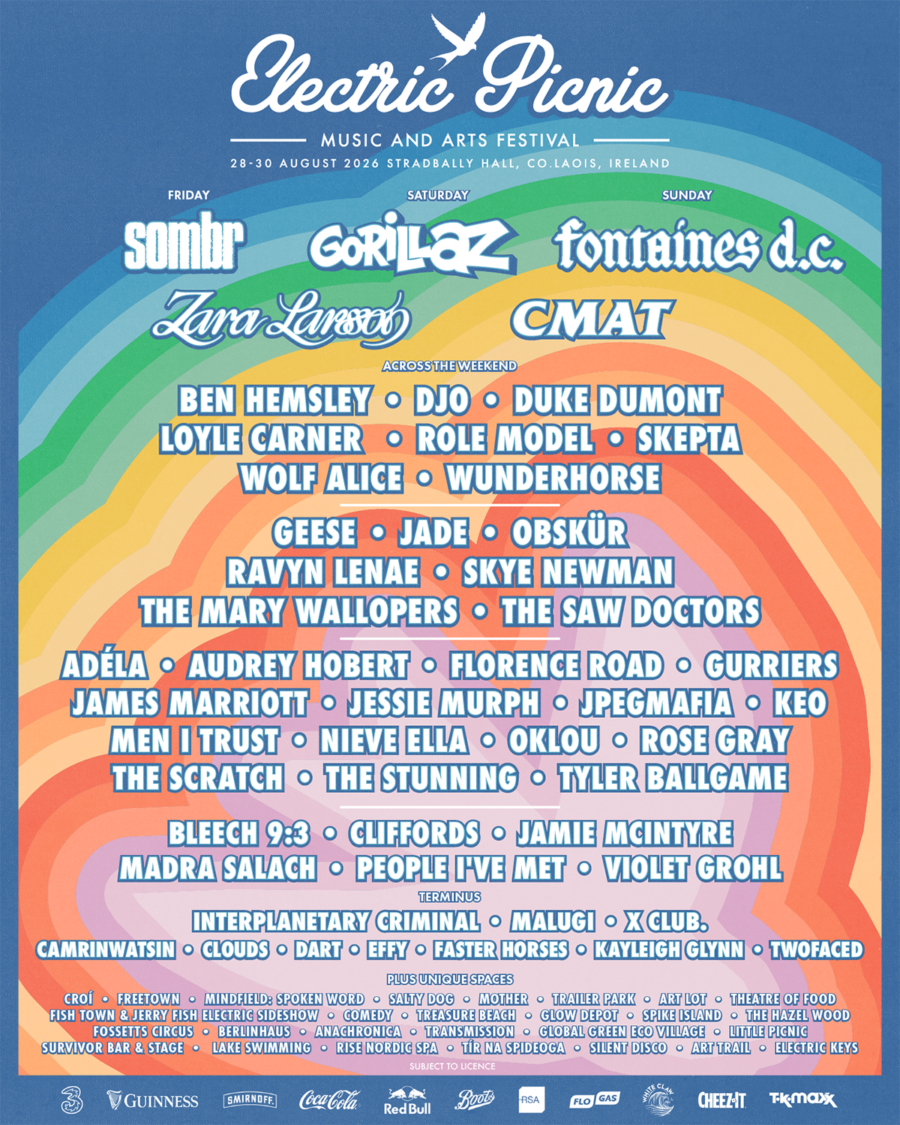 An image of the Electric Picnic festival poster which lists the artists appearing at the festival on a rainbow coloured background