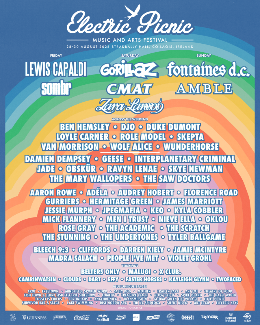 Electric Picnic line up poster for 2023. A blue poster with a rainbow coloured background listing out the names of artists appearing at the festival:  Lewis Capaldi, Gorillaz, Fontaines D.C., Sombr, CMAT, AMble, Zara Larsson, Ben Hemsley, DJO, Duke Dumont, Loyle Carner, Role Model, Skepta, Van MOrrison, Wolf Alice, Wunderhorse, Geese Interplanetary Criminal, Jade, Obskur, ravyn lenae, skye newman, the mary wallopers, the saw doctors, aaron rowe, adela, audrey hobart, florence road, gurriers, james marriott, jessie murph, jpegmafia, keo, men i trust, nieve ella, oklou, rose gray, the scratch, the stunning, tyler ballgame, bleech 9:3, cliffords, jamie mcintyre, madra salach, people i've met, violet grohl, clouds, malugi, x club., camrinwatsin, dart, efft, faster horses, kayleigh glynn, twofaced