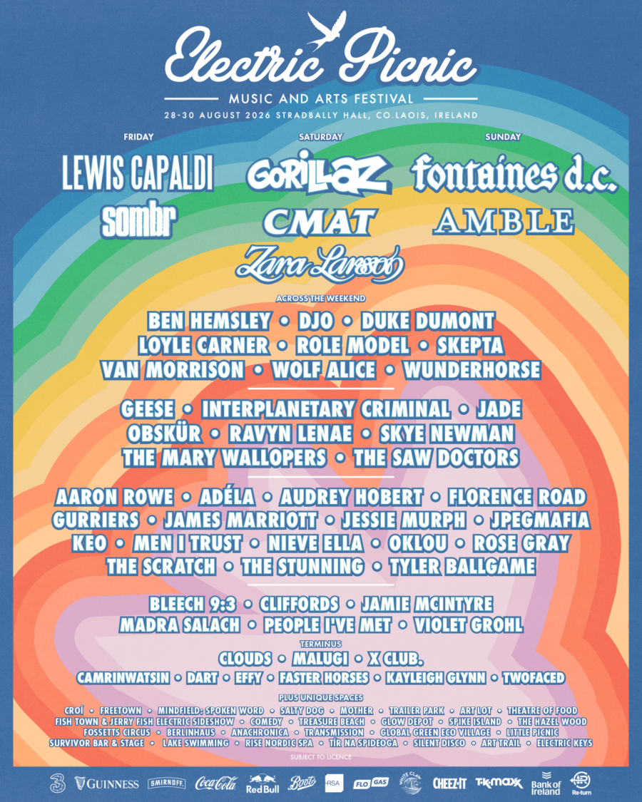 Electric Picnic line up poster for 2023. A blue poster with a rainbow coloured background listing out the names of artists appearing at the festival:  Lewis Capaldi, Gorillaz, Fontaines D.C., Sombr, CMAT, AMble, Zara Larsson, Ben Hemsley, DJO, Duke Dumont, Loyle Carner, Role Model, Skepta, Van MOrrison, Wolf Alice, Wunderhorse, Geese Interplanetary Criminal, Jade, Obskur, ravyn lenae, skye newman, the mary wallopers, the saw doctors, aaron rowe, adela, audrey hobart, florence road, gurriers, james marriott, jessie murph, jpegmafia, keo, men i trust, nieve ella, oklou, rose gray, the scratch, the stunning, tyler ballgame, bleech 9:3, cliffords, jamie mcintyre, madra salach, people i've met, violet grohl, clouds, malugi, x club., camrinwatsin, dart, efft, faster horses, kayleigh glynn, twofaced